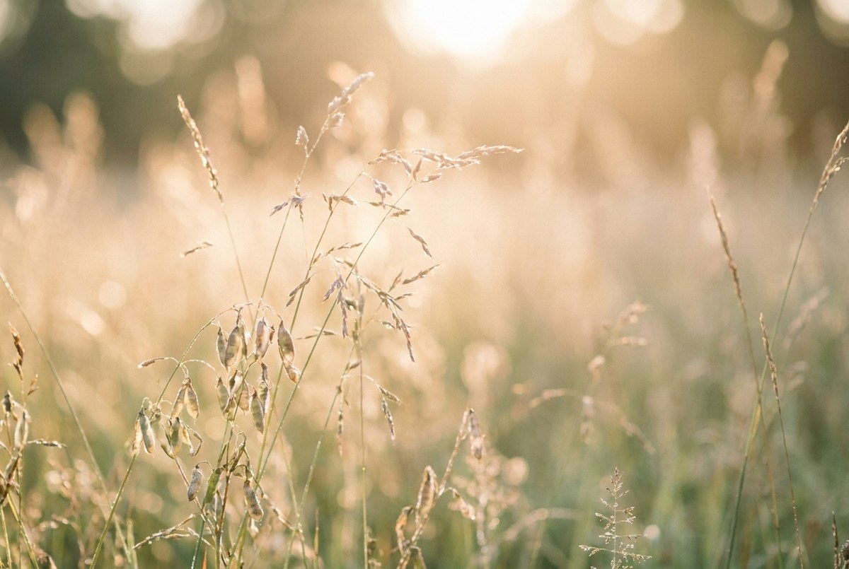 Sunlit meadow grasses at golden hour